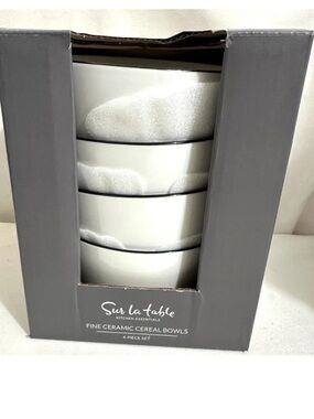 Sur La Table Fine Ceramic 5.75” Cereal Bowls White / Black Rim Set of 4 New